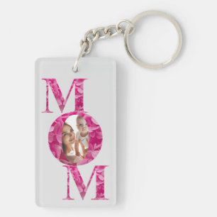 Elegant Pink Floral MOM Lettering Custom Photo Keychain