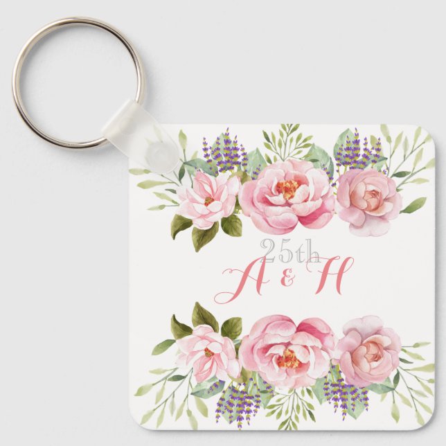 Elegant Pink Floral Monogram 25th Wedding Gift Keychain (Front)