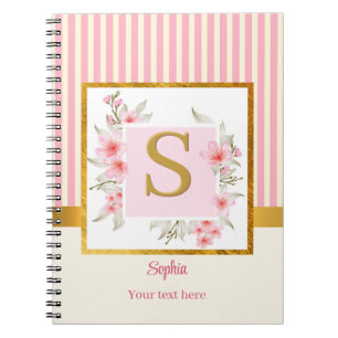 Elegant Pink Floral Monogram and Gold Striped Notebook
