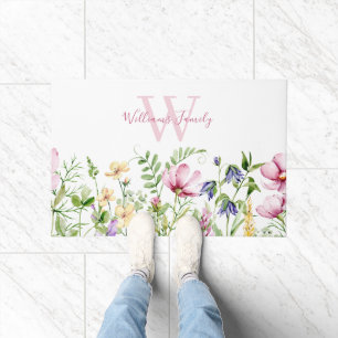 Elegant Pink Floral Monogram  Doormat