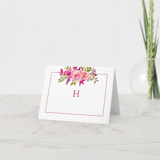 Elegant Pink Floral Monogram Folded Note Card (Front)