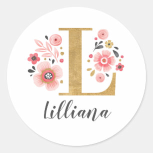 Elegant Pink Floral Monogram Initial Gold Letter L Classic Round Sticker