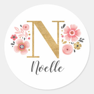 Elegant Pink Floral Monogram Initial Gold Letter N Classic Round Sticker