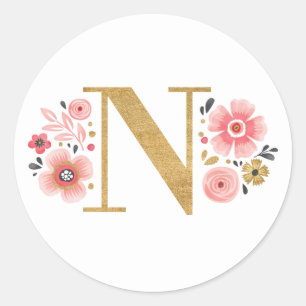 Elegant Pink Floral Monogram Initial Gold Letter N Classic Round Sticker