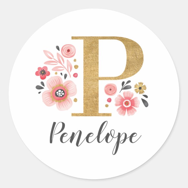 Elegant Pink Floral Monogram Initial Gold Letter P Classic Round Sticker (Front)