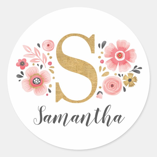 Elegant Pink Floral Monogram Initial Gold Letter S Classic Round Sticker (Front)