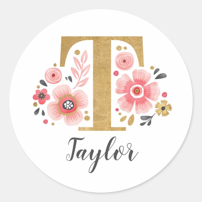 Elegant Pink Floral Monogram Initial Gold Letter T Classic Round Sticker (Front)