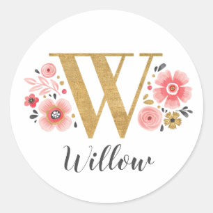 Elegant Pink Floral Monogram Initial Gold Letter W Classic Round Sticker