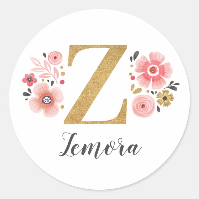 Elegant Pink Floral Monogram Initial Gold Letter Z Classic Round Sticker (Front)