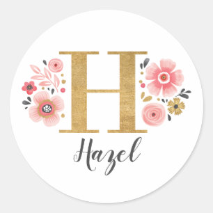 Elegant Pink Floral Monogram Initial Letter H Classic Round Sticker