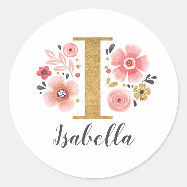 Elegant Pink Floral Monogram Initial Letter I Classic Round Sticker (Front)