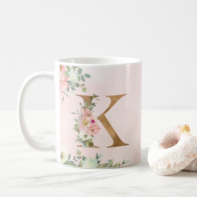 Elegant Pink Floral Monogram K Coffee Mug (With Donut)