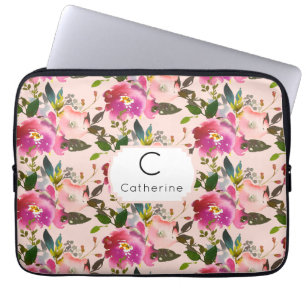 Elegant Pink Floral Monogram Laptop Sleeve