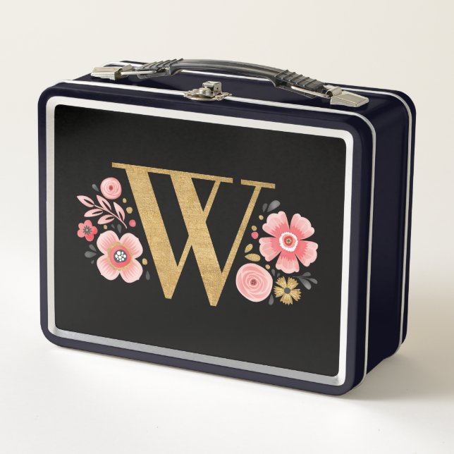 Elegant Pink Floral Monogram Metal Lunch Box (Front)