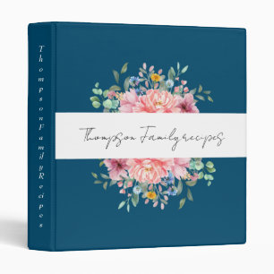 Elegant pink floral monogram navy blue recipes binder