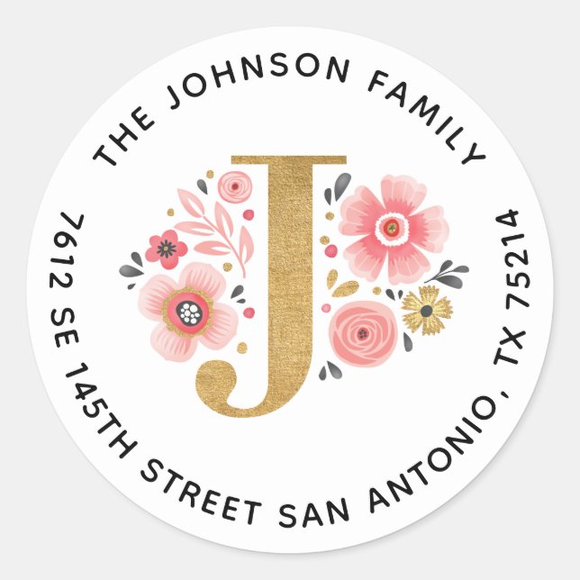 Elegant Pink Floral Monogram Return Address Label (Front)