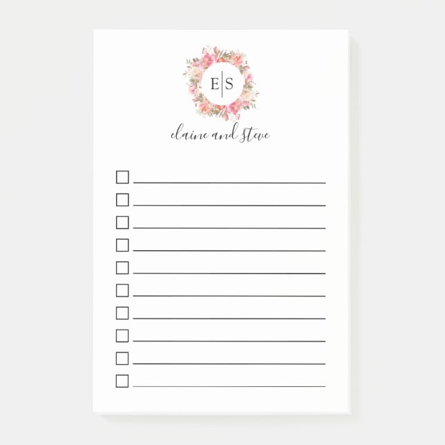 Elegant Pink Floral Monogram To Do List Post-it Notes (Front)