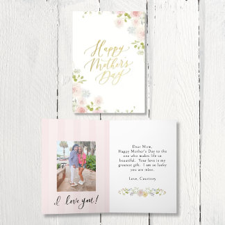 Elegant Pink Floral Mother's Day Foil Greeting Car Holiday Card
