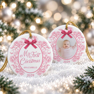 Elegant Pink Floral My First Christmas Photo Ceramic Ornament
