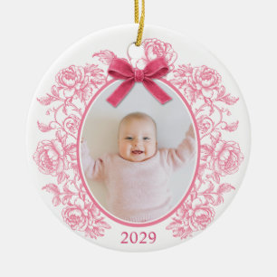 Elegant Pink Floral My First Christmas Photo Ceramic Ornament