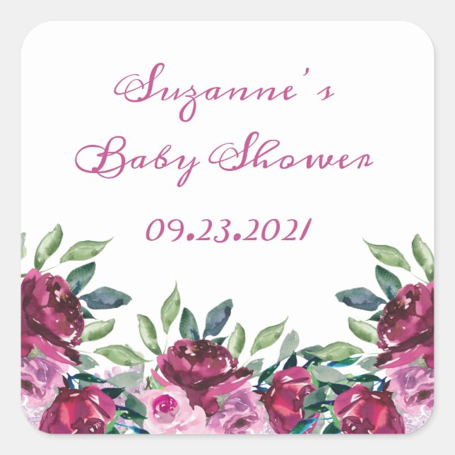 Elegant Pink Floral Name Date Script Baby Shower Square Sticker (Front)