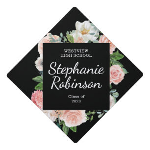 Elegant Pink Floral Name Year School Graduation Cap Topper