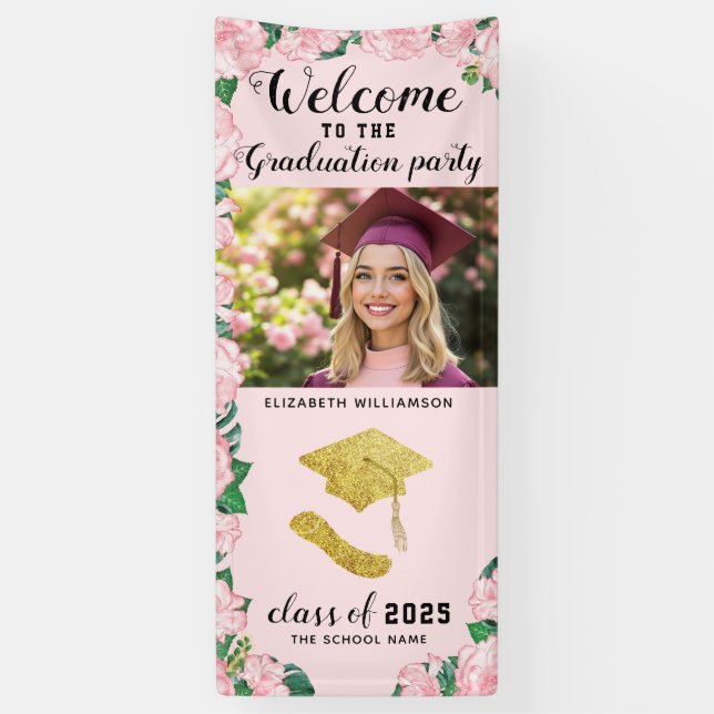 Elegant Pink Floral One Photo Welcome Graduation Banner (Vertical)