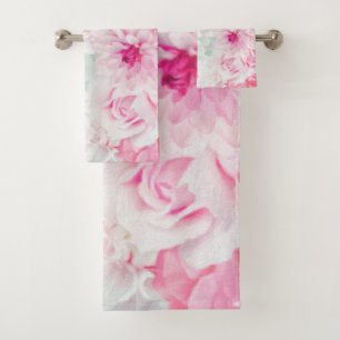 Elegant Pink Floral Painted Bath Towel Set