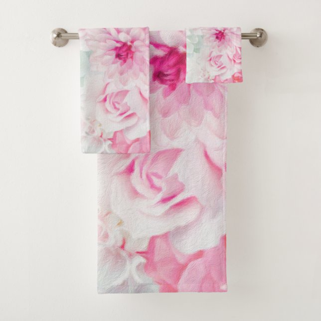 Elegant Pink Floral Painted Bath Towel Set (Insitu)