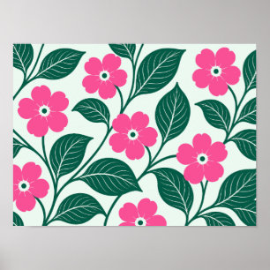 Elegant Pink Floral Pattern with Dark Green Leaves Poster
