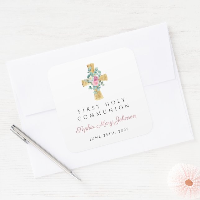 Elegant Pink Floral Peonies Cross First Communion Square Sticker (Envelope)