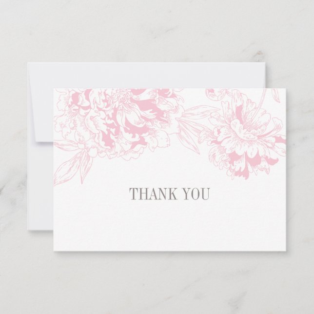 Elegant Pink Floral Peony Wedding Grey Thank You Card (Front)
