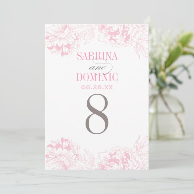 Elegant Pink Floral Peony Wedding Table Number (Standing Front)