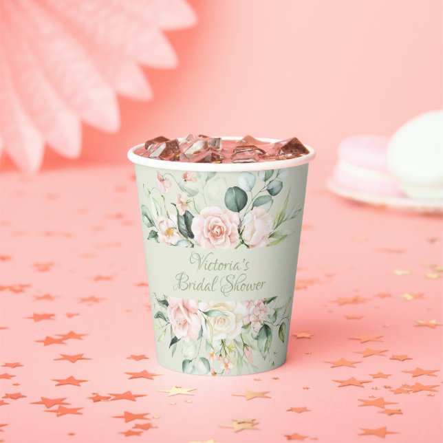 Elegant Pink Floral Personalized Bridal Shower Paper Cups (Insitu)