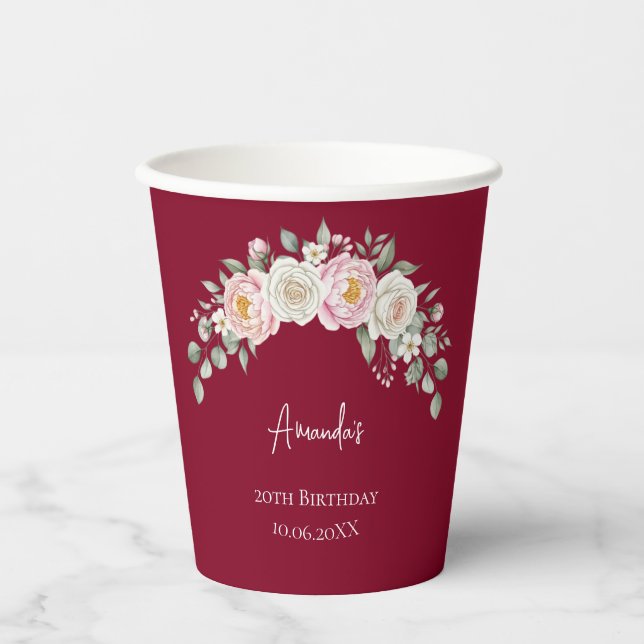 Elegant Pink Floral Personalized Disposable Cup (Front)