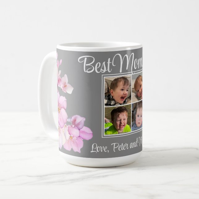 Elegant pink floral personalized four photos coffee mug (Front Left)