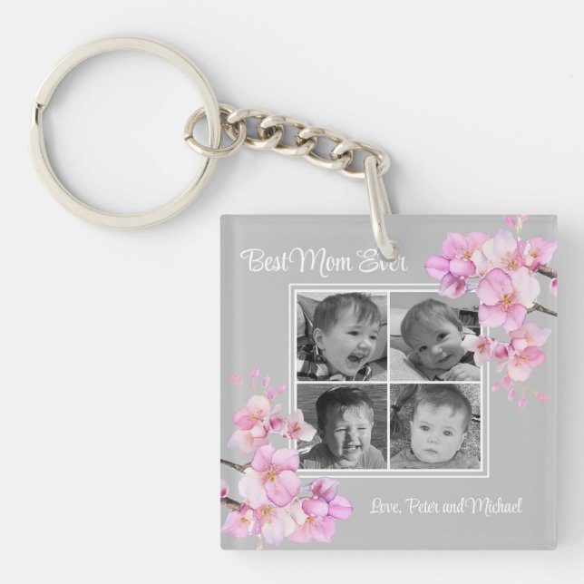 Elegant pink floral personalized four photos keychain (Front)