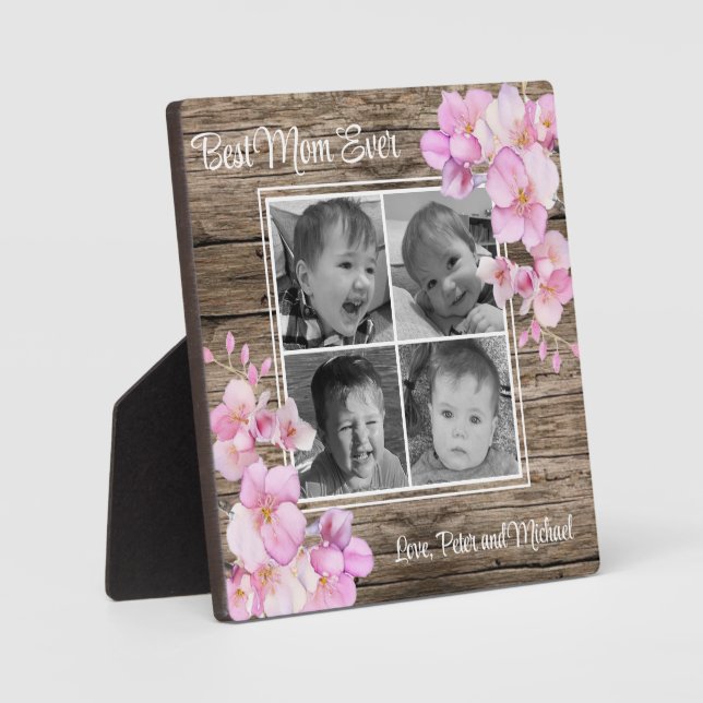Elegant pink floral personalized four photos plaque (Front)