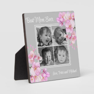 Elegant pink floral personalized four photos plaque