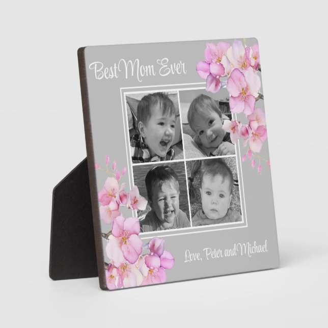 Elegant pink floral personalized four photos plaque (Front)
