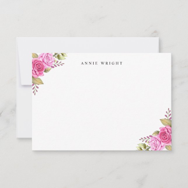 Elegant Pink Floral Personalized Stationery Card (Front)