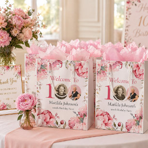 Elegant Pink Floral Photo 100th Birthday Medium Gift Bag