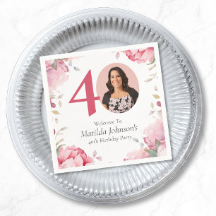 Elegant Pink Floral Photo 40th Birthday Party Napkin