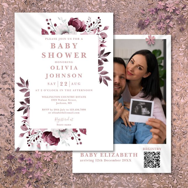 Elegant Pink Floral Photo QR Code Baby Shower Invitation (Elegant Pink Floral Photo QR Code Baby Shower Invitation)