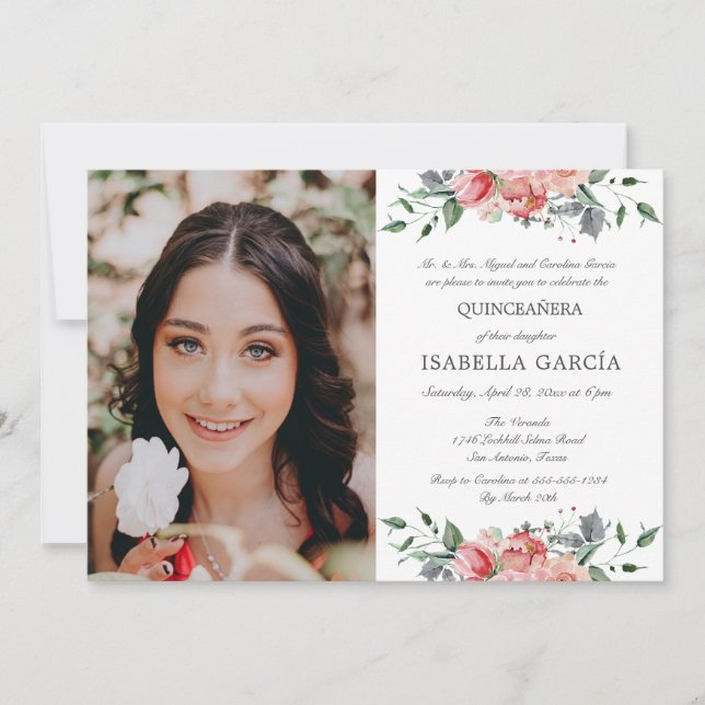 Elegant Pink Floral Photo Quinceañera Invitation (Front)