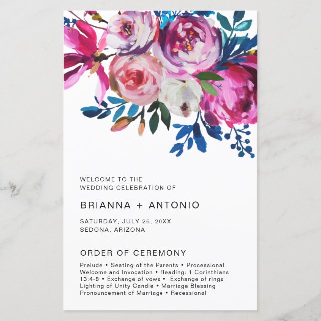 Élégant Pink Floral Programme de Mariage Moderne (Devant)
