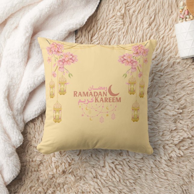 Elegant Pink Floral Ramadan Kareem Lantern Pillow  (Blanket)