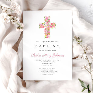 Elegant Pink Floral Religious Cross Baptism Invitation
