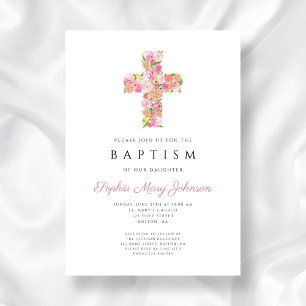 Elegant Pink Floral Religious Cross Baptism Invitation