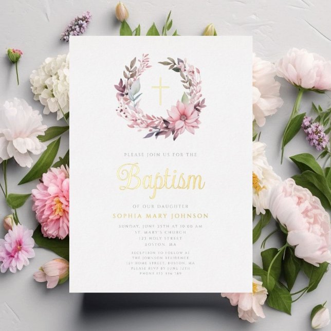 Elegant Pink Floral Religious Girl Baptism  (Elegant Pink Floral Religious Girl Baptism Foil Invitation)